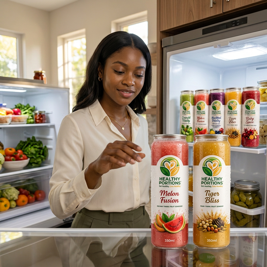 Healthy Portions Signature Juice Collection: In-home lifestyle scene with the chilled collection