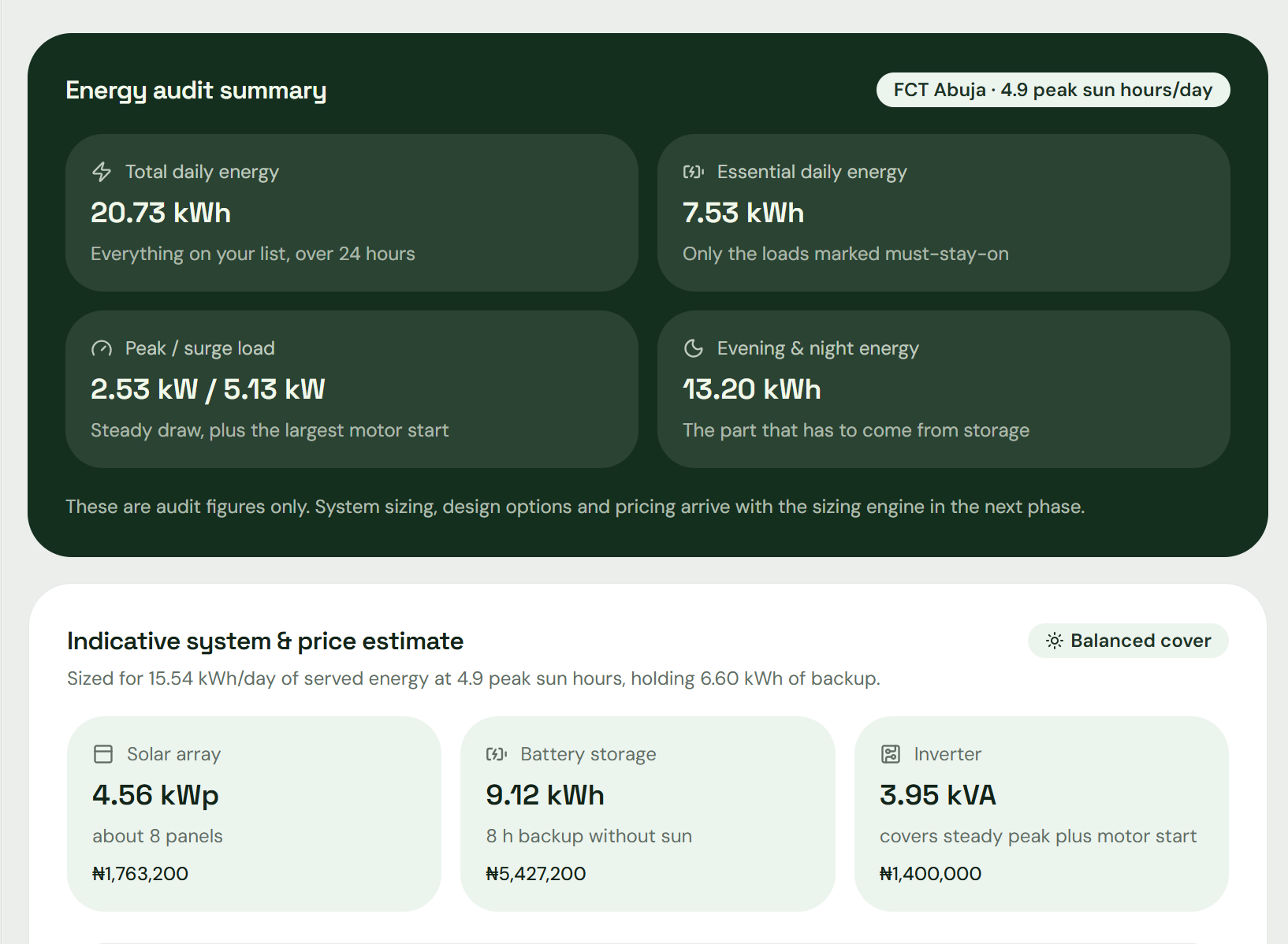 Solar Smart Order: Energy audit summary with indicative system and price estimate